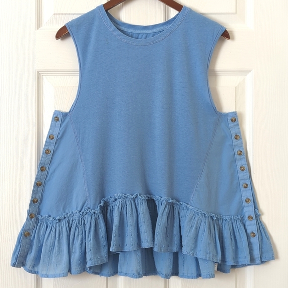 Pilcro Anthropologie Side Buttoned Ruffled Hem Babydoll Muscle Tank Top Blue XSP - Picture 1 of 12